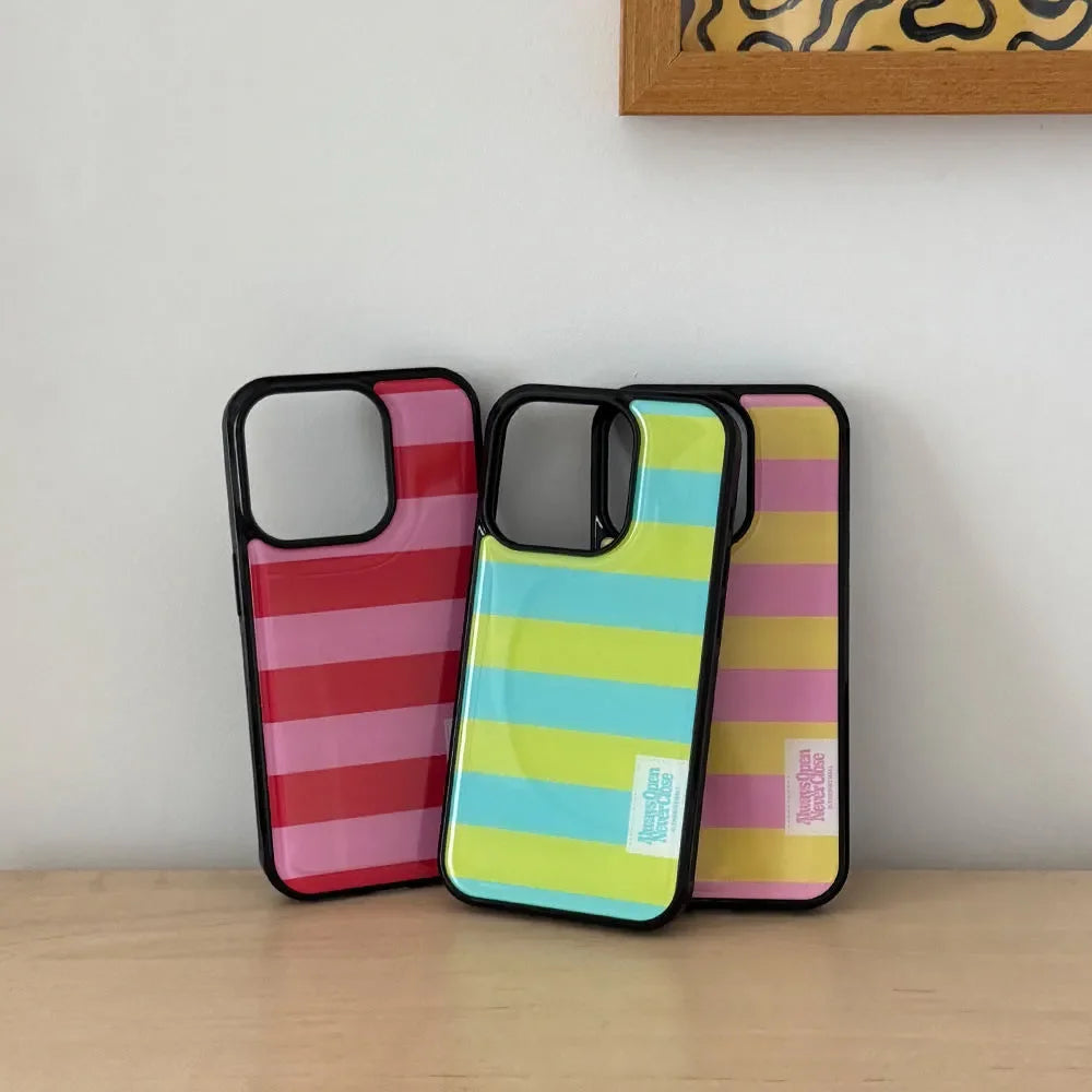 Korean Ins Summer Full Screen Colorful Stripes Drop Glue Phone Case For Samsung Galaxy S23 FE S24 PLUS S25 ULTRA S26 EDGE Cover
